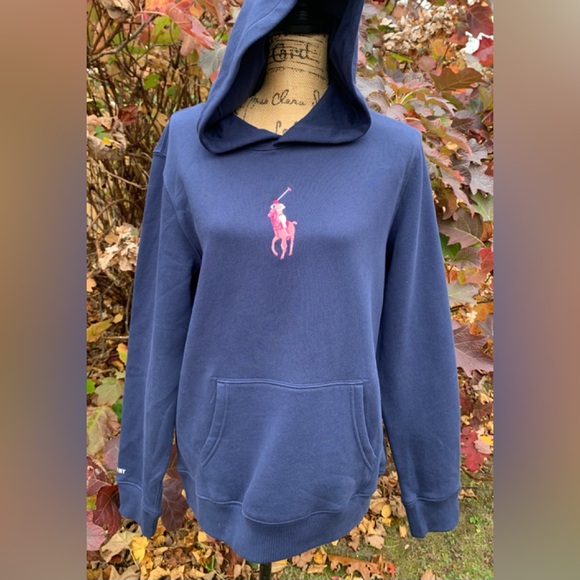 RALPH LAUREN PINK PONY blue unisex cotton blend hoodie NWT size 18-20 TG - Picture 1 of 14